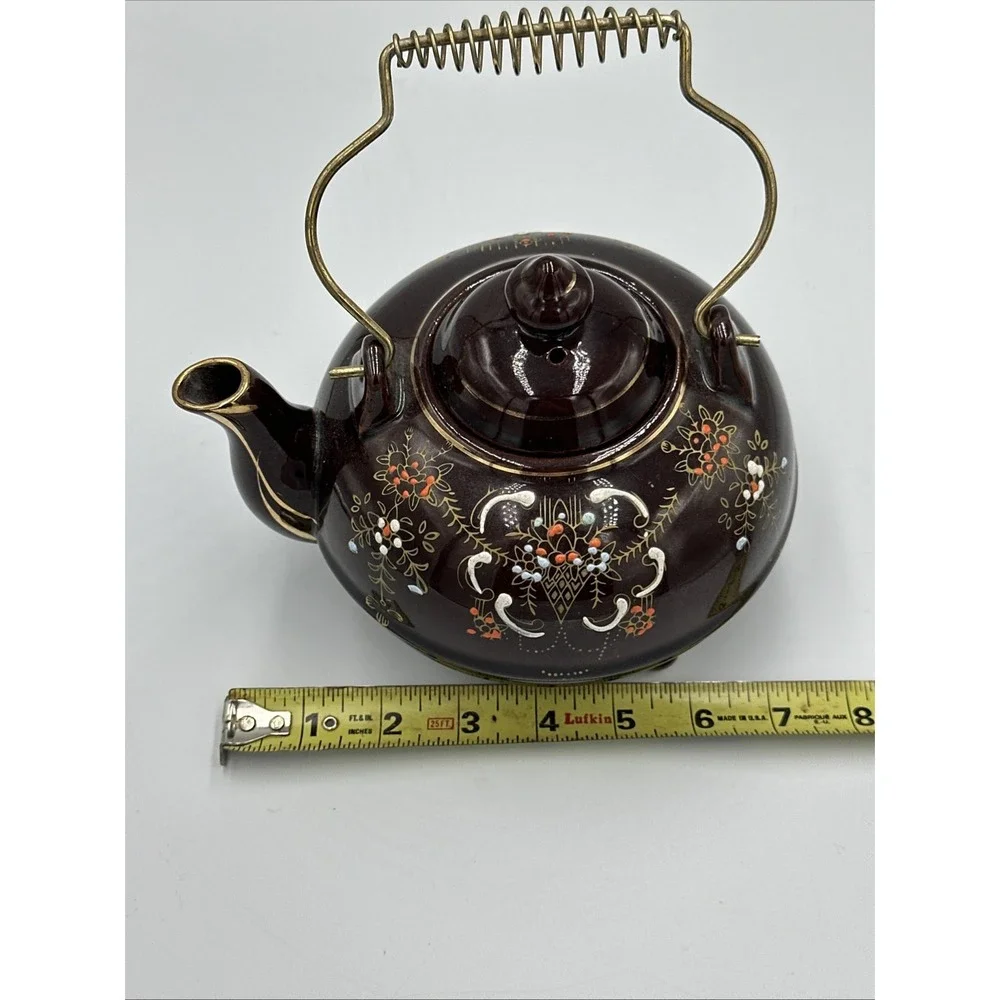 VTG Japanese Brown Moriage Floral Teapot w/ Metal Spring Handle Ceramic 3 Footed